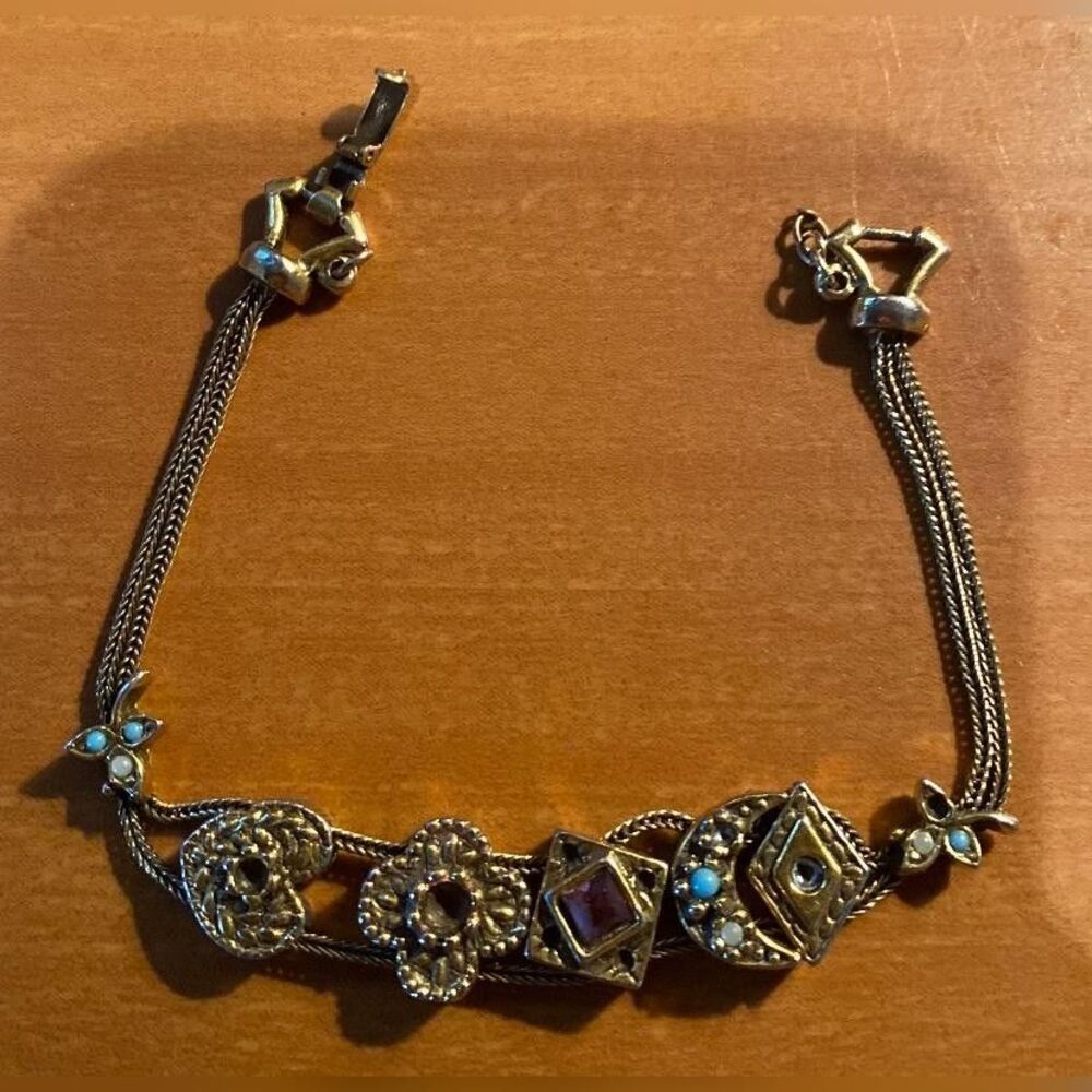 Gold Tone Floral Panel Chain Bracelet Women's Multicolor Rhinestone Box Clasp